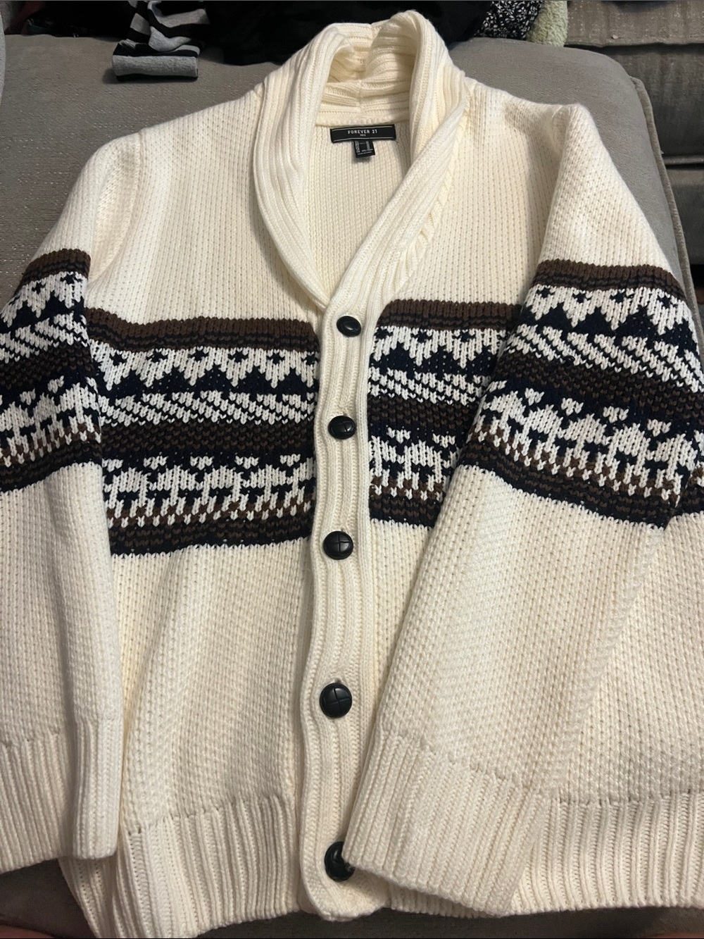 Forever 21 Cream Shawl Collar Cardigan with Brown & Black Fair Isle Stripes